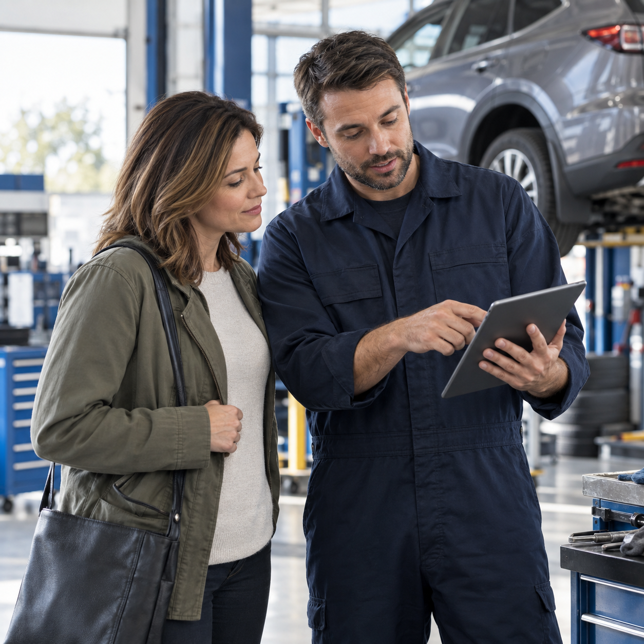 An auto technician reviewing service details with a vehicle owner
