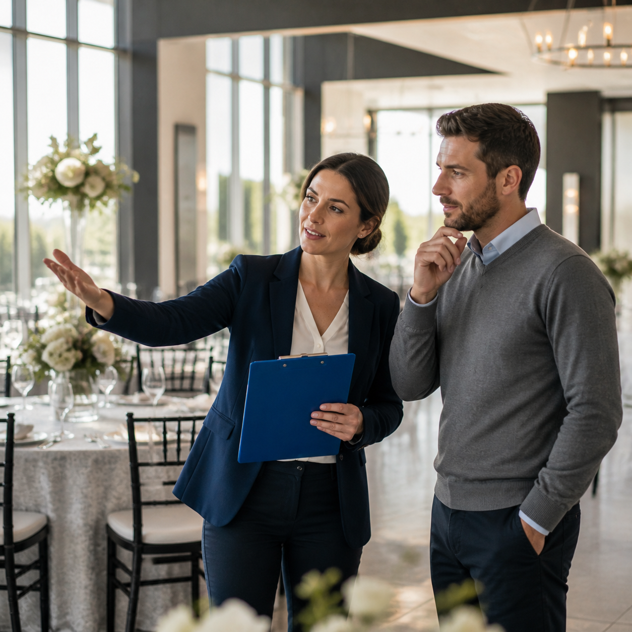 An event planner reviewing a venue setup with a client
