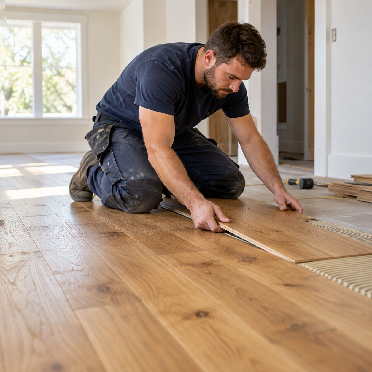 A flooring installer examining hardwood planks in a room