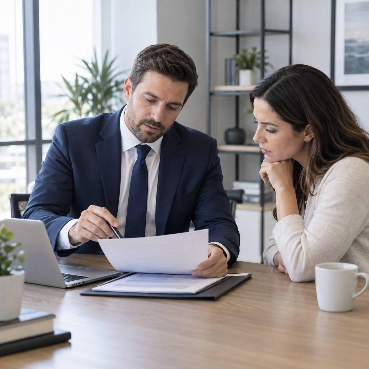 An attorney reviewing a document with a client