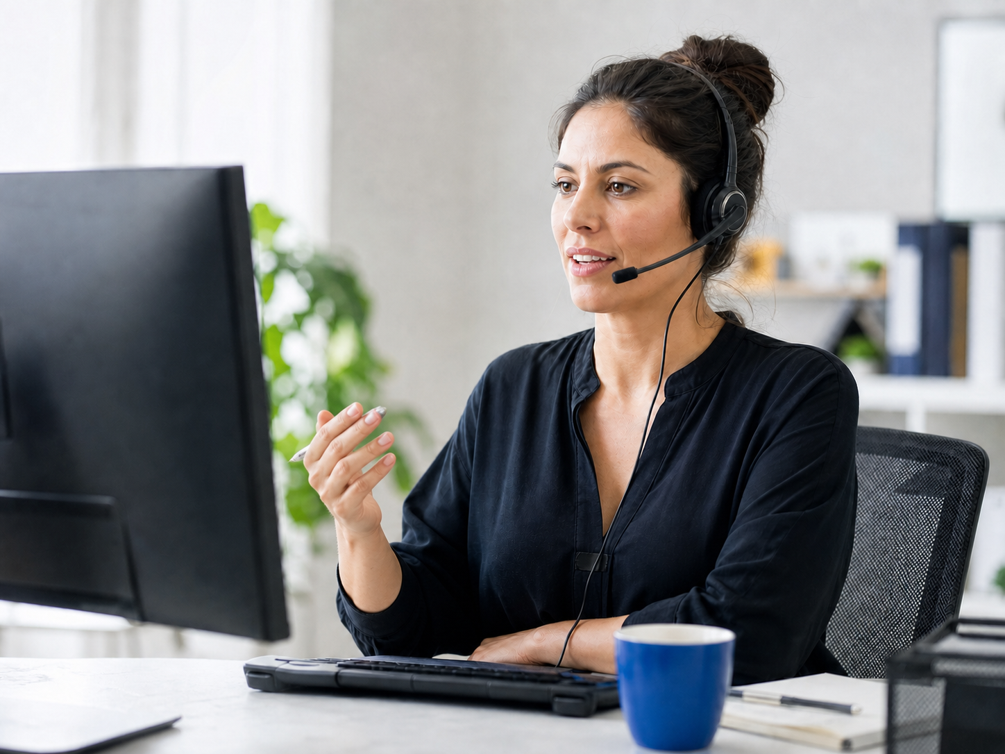 A professional sales coordinator speaking with a new lead by headset
